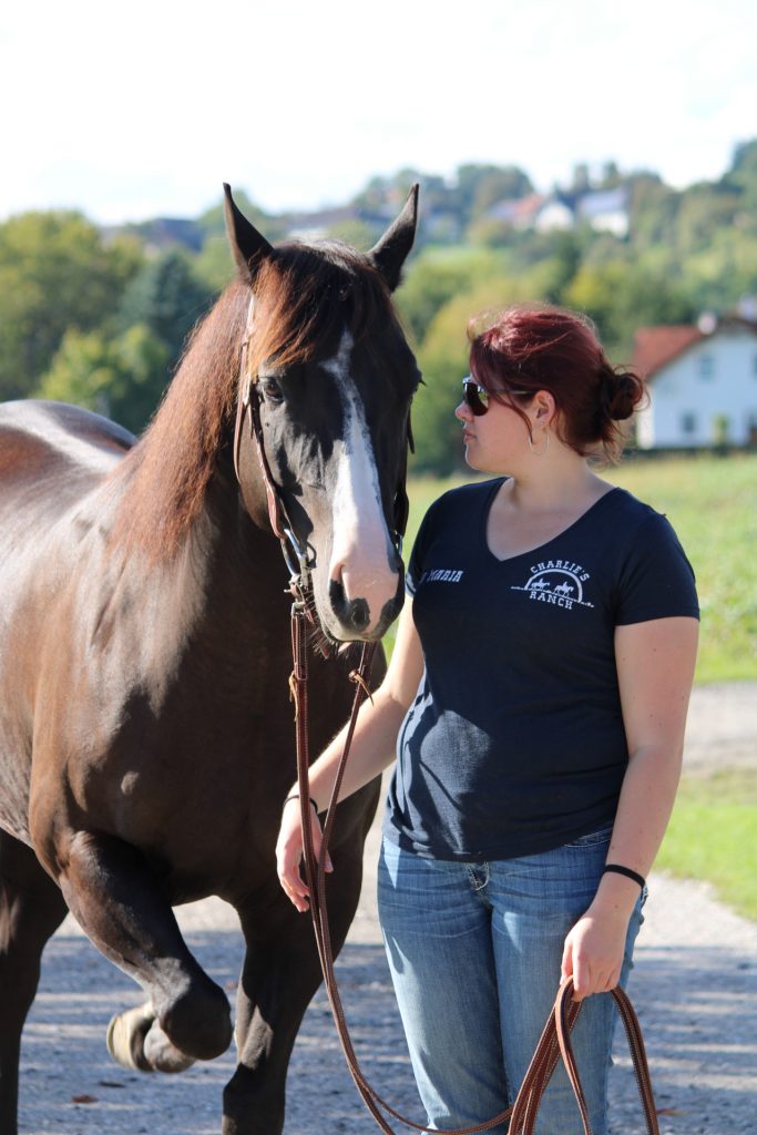 Schwarzes Pferd mit Zaumzeug und Tochter der Ranch daneben