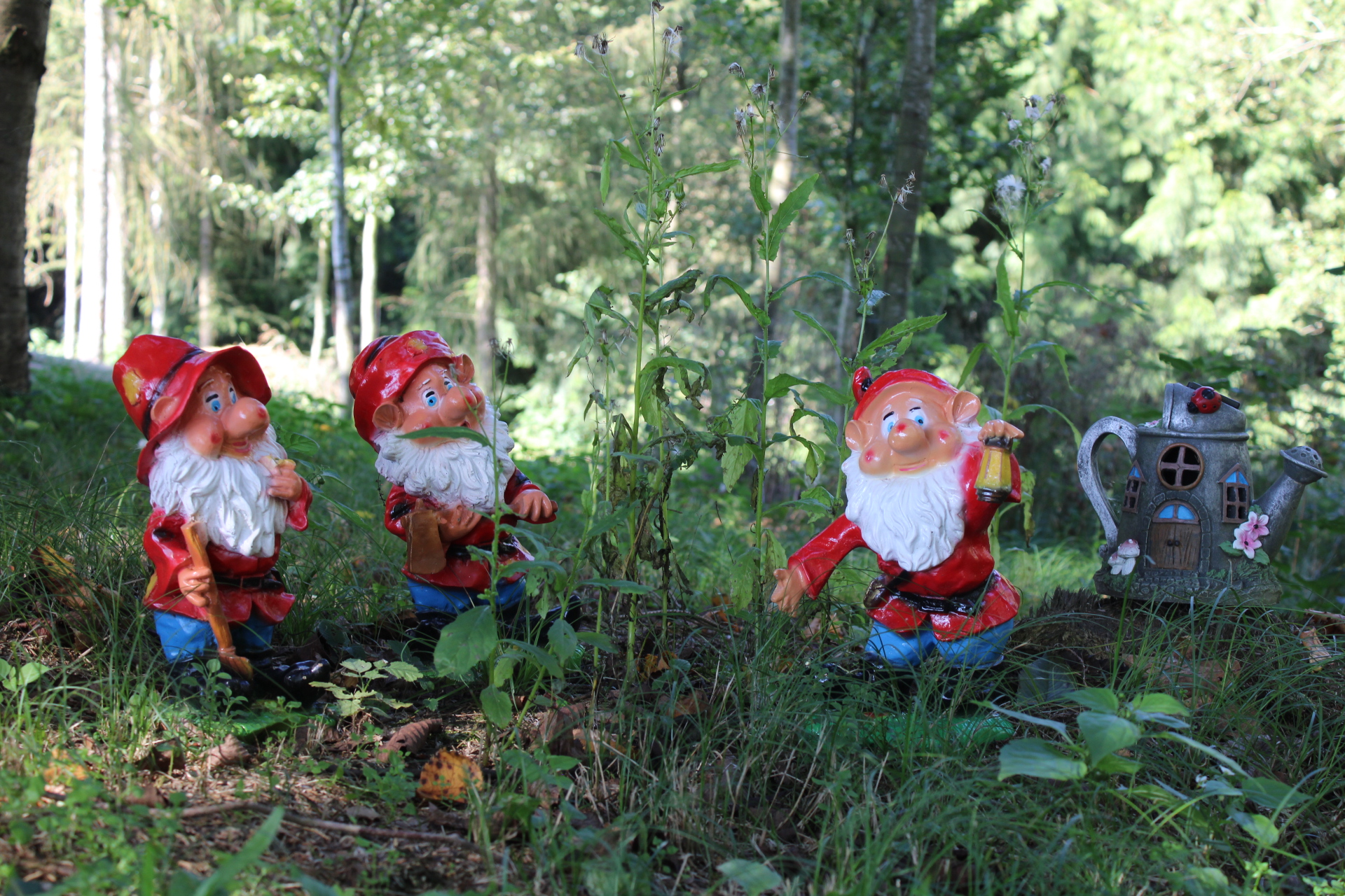 Drei kleine Zwerge (Figuren) im Wald